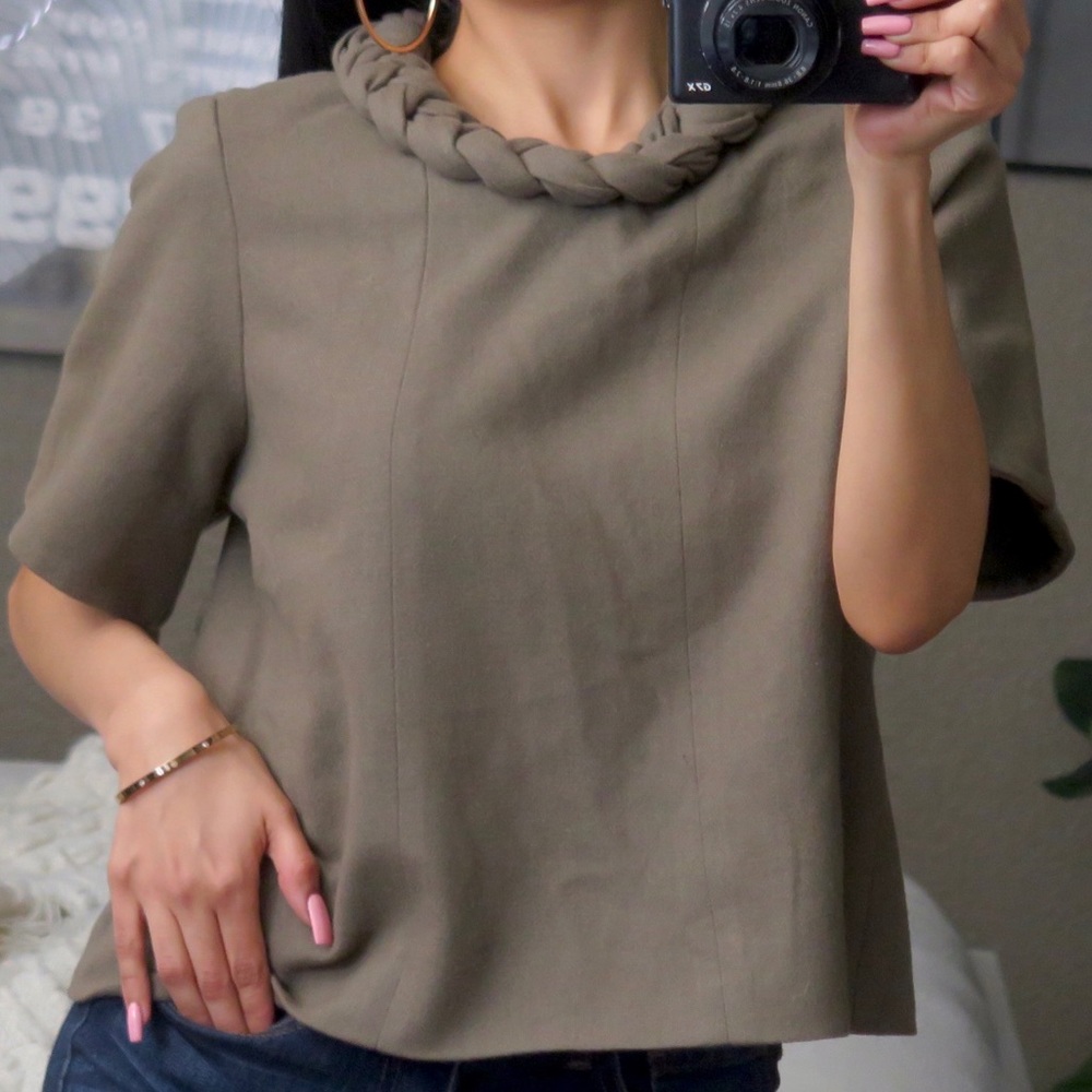 Anthropologie Tan Blouse with Braided Neckline